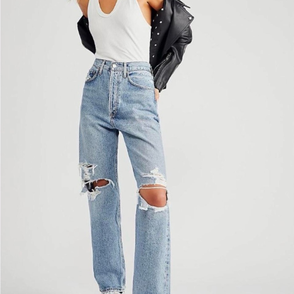 Agolde Light Blue Distressed Straight Leg Jeans